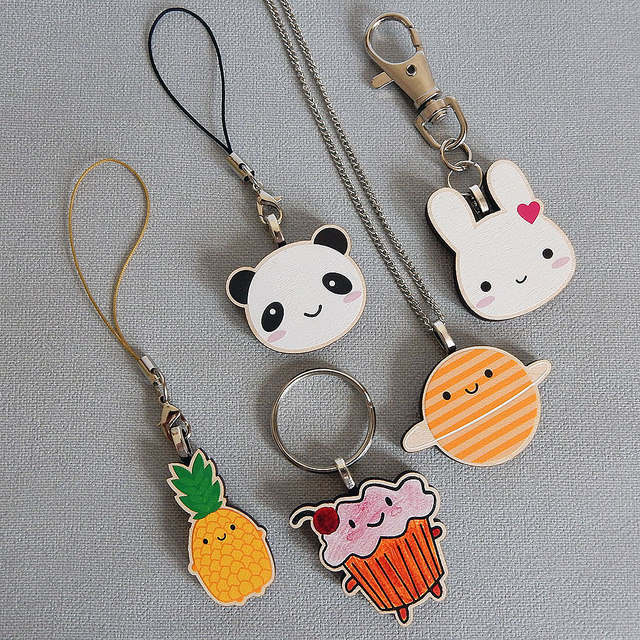 wooden necklaces and keyrings