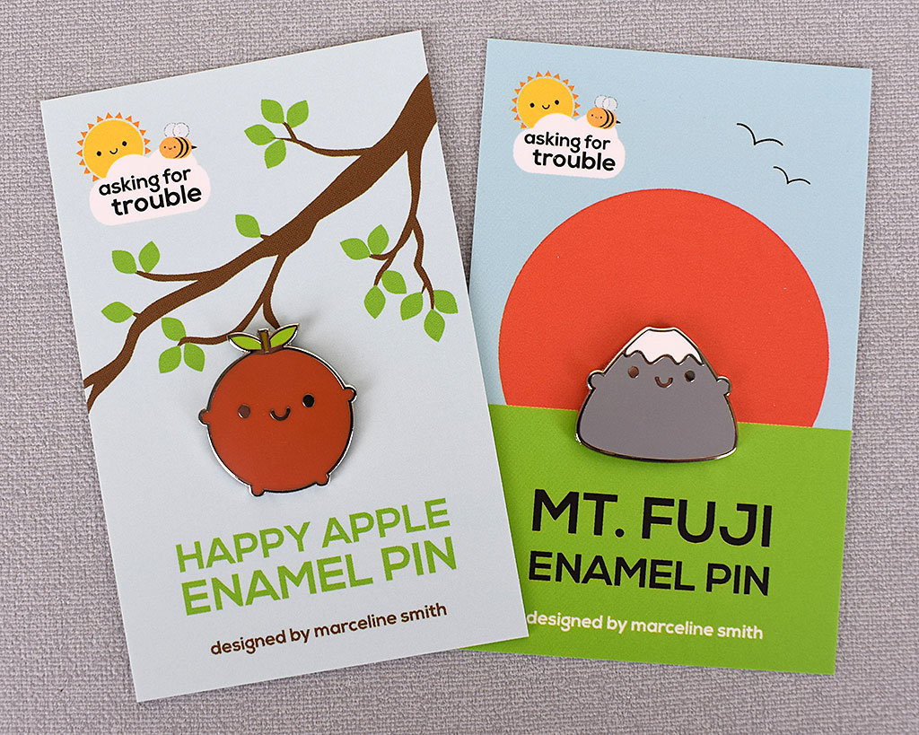 New Enamel Pins: Happy Apple & Mt Fuji Hugs