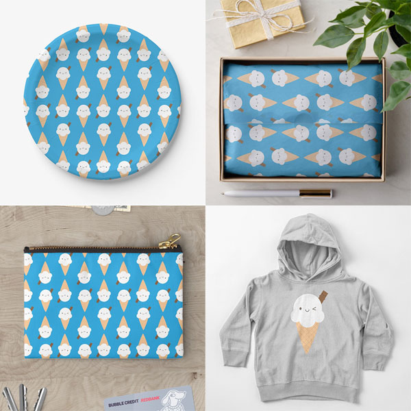 kawaii 99 ice cream cones at Redbubble, Society6, TeePublic & Zazzle
