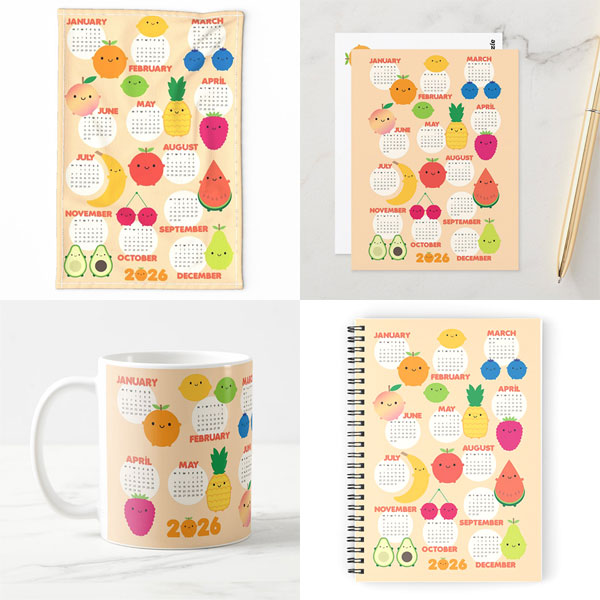 kawaii fruits 2026 calendar at Redbubble, Society6, TeePublic & Zazzle