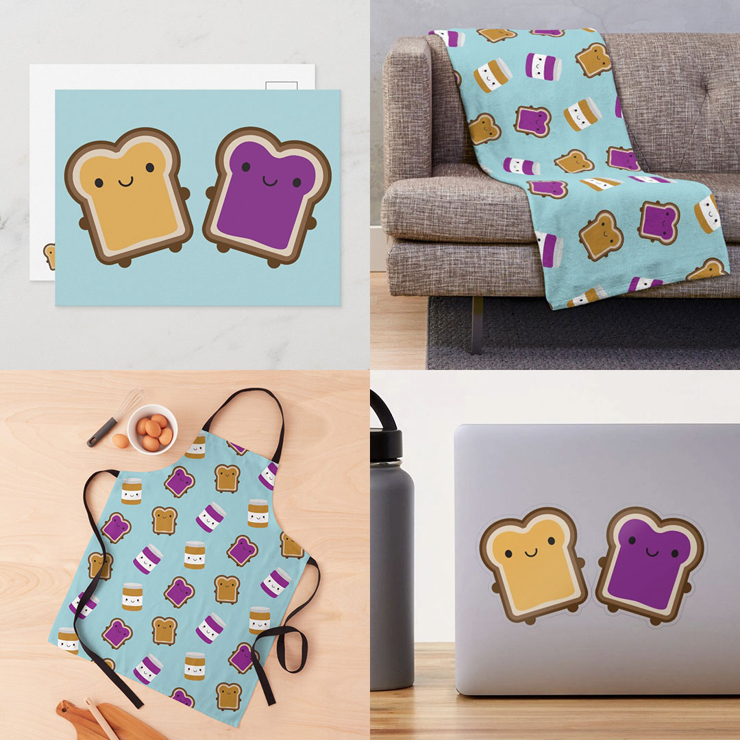 Kawaii Peanut Butter & Jelly at Redbubble, Spoonflower, TeePublic, Thortful & Zazzle