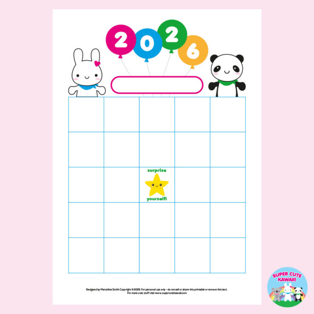 kawaii 2026 bingo sheet printable
