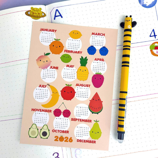 kawaii fruits 2026 calendar postcard